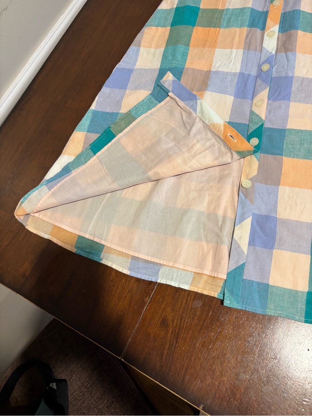 Madewell Button-Front Plaid Sundress in Teal, Peach. Lined. Side pockets - Picture 3 of 6